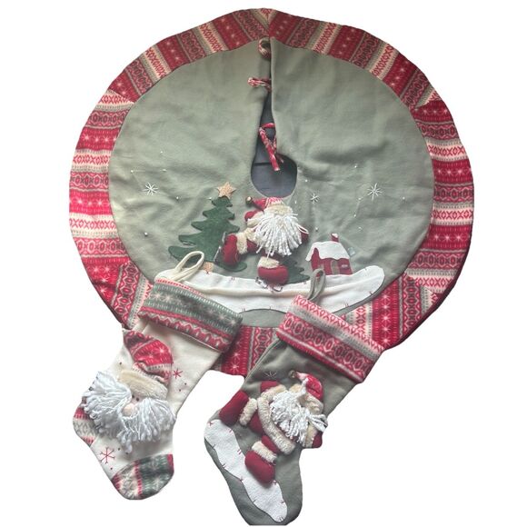 Rustic Christmas Tree Skirt & Stockings Set Felt Applique Santa Winter FairIsle - Picture 1 of 14